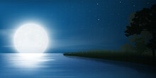 Full Moon Night At Sky And Stars On Calm Lake