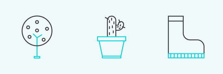 Sticker - Set line Waterproof rubber boot, Tree and Cactus and succulent in pot icon. Vector