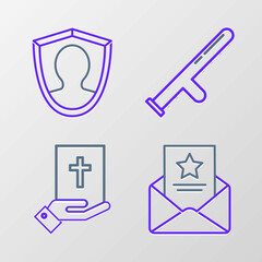 Poster - Set line The arrest warrant, Oath on the Holy Bible, Police rubber baton and User protection icon. Vector