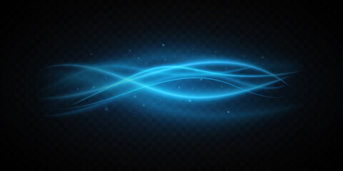  Blue light waves with magic dust isolated on dark transparent background. Glowing wavy swirl. Abstract glowing trace. Shiny design element. Light effect. Vector illustration