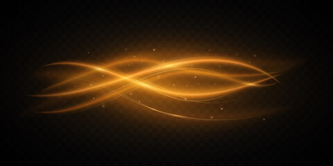  Golden light waves with magic dust isolated on dark transparent background. Glowing wavy swirl. Abstract glowing trace. Shiny design element. Vector illustration
