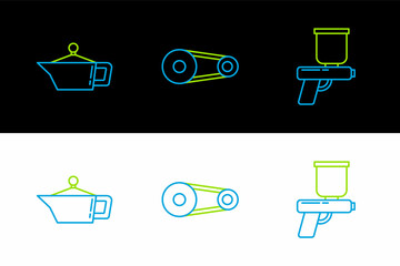 Poster - Set line Paint spray gun, Canister for motor machine oil and Timing belt kit icon. Vector