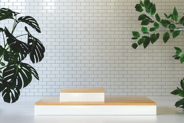 Poster - 3D Illustration. Step podium for product display with green plants against a tile wall.