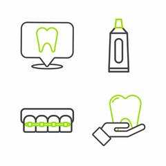 Sticker - Set line Tooth, Teeth with braces, Tube of toothpaste and Dental clinic location icon. Vector