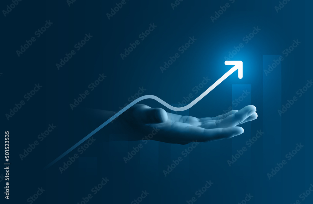 Hand growth arrow symbol business up background of success graph ...