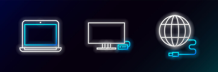 Poster - set line social network, laptop and smart tv icon. glowing neon. vector