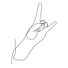 Canvas Print - metal hand gesture continuous line draw design. Sign and symbol of hand gestures. Single continuous drawing line. Hand drawn style art doodle isolated on white background