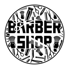 Wall Mural - Round barbershop icon isolated on white background.