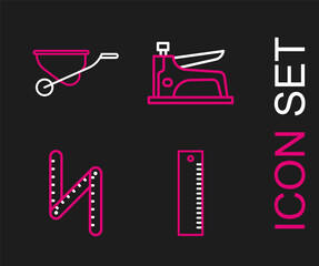 Poster - Set line Ruler, Folding ruler, Construction stapler and Wheelbarrow icon. Vector