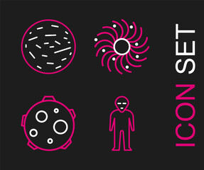 Poster - Set line Alien, UFO abducts cow, Black hole and Planet Mars icon. Vector
