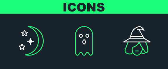 Sticker - Set line Witch, Moon and stars and Ghost icon. Vector