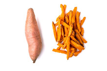 Fresh Sweet Potato And Sweet Potato Fries Isolated Over White, Top View