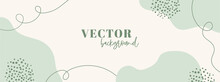 Minimal Long Vector Banner In Green Colors. Abstract Organic Shapes Background With Copy Space For Text. Facebook Cover Template
