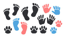 Footprint, Handprint Black Silhouette. Cat And Dog Paw Print Symbol, Icon Set Vector Illustration