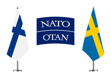 Flag Of Finland, Sweden And NATO. Sweden And Finland Joining NATO. Expansion Of The Alliance To The East. All Isolated On White Background. Template For Design And Infographics.
