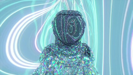 Wall Mural - an astronaut in a diamond suit walks against the backdrop of pink and blue glowing neon lines. 3d an