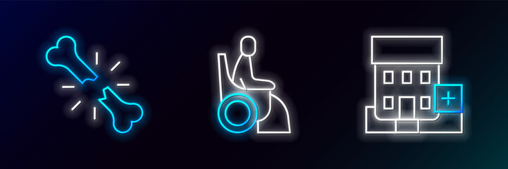 Wall Mural - Set line Medical hospital building, Human broken bone and Woman wheelchair icon. Glowing neon. Vector