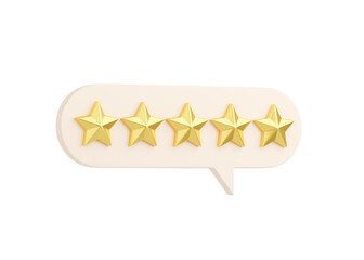 Customer review 3d render illustration - five golden stars on speech bubble.