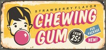 Chewing Gum Retro Sign Template For Candy Store. Kid Blowing Pink Bubble Gum Balloon Vintage Advertisement. Comic Or Cartoon Style Vector Graphic.