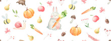 Wallpaper, Seamless Pattern With Autumn, Hare, Mushrooms,  Illustration In Watercolor On A White Background, Design And Print
