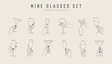 Set Volume One Of Hands With Wine Glasses. Vector Line Collection Of Hold Hand Drinks. Design Template For Restaraunt Logo, Alcohol Label, Cocktail Emblem, Wine Bar Or Drink Store Stickers.