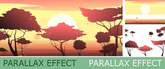 Wall Mural - bright morning africa with parallax effect. sunrise silhouette on horizon. scene with sand and plant