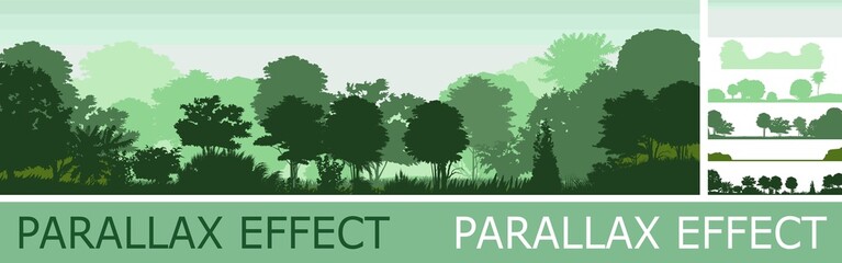 Wall Mural - deciduous forest silhouette with parallax effect. summer landscape jungle. panoramic view. green sce