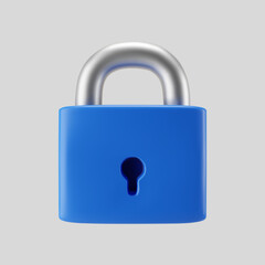 Wall Mural - 3d blue locked padlock icon isolated on gray background. Render minimal closed padlock with a keyhole. Confidentiality and security concept. 3d cartoon simple vector illustration