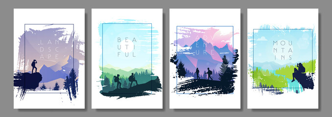 Sticker - Travel concept of discovering, exploring, observing nature. Hiking. Adventure tourism. Landscape. Frames set. Minimalist style. Flat design. Banners set with polygonal landscapes illustration. Vector