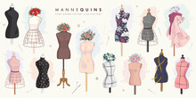 Set Of Hand Drawn Mannequins And Flowers Isolated On Background. Fashion Illustration