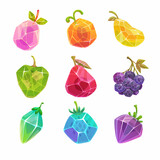 Fototapeta Dinusie - Cartoon crystal berries set, magic fruits icons