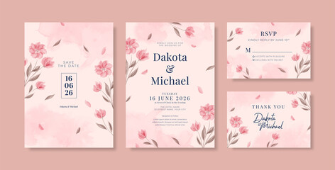 Wall Mural - Romantic pink wedding invitation template with watercolor flower