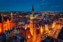 Aerial View Of The Beautiful Main City In Gdansk At Dusk, Poland