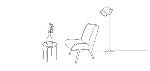 Aufkleber - Continuous one line drawing of armchair and table with vase and floor lamp. Scandinavian stylish furniture for living room or hotel concept in simple linear style. Doodle vector illustration
