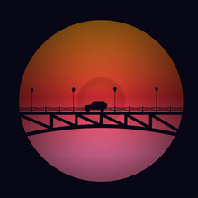 Silhouette Of The Car On The Background Of The Sunset On The Bridge.