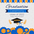High school graduation ceremony and party invitation template. Greeting card concept for social media. Graduation cap with diploma and blue decoration. Vector illustration