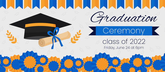 High school graduation ceremony and party invitation template. Greeting card concept for social media. Graduation cap with diploma and blue decoration. Vector illustration banner