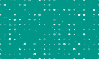 Poster - Seamless background pattern of evenly spaced white hockey pucks of different sizes and opacity. Vector illustration on teal background with stars