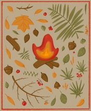 A Set Of Fires, Tree Branches, Leaves, Cones Of 48 Items. Green And Yellow Plants Set In Warm Colors. Raster Illustration Of Natural Objects.