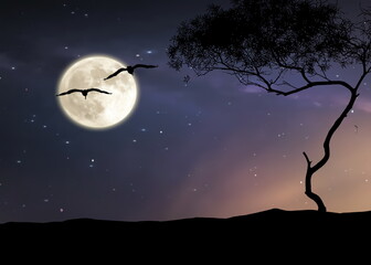 Wall Mural - trees silhouette on front bird fly night starry sky and moon dramatic panorama nature weather foreca