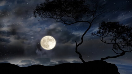 Wall Mural - trees silhouette on front night starry sky and moon dramatic panorama nature weather forecast