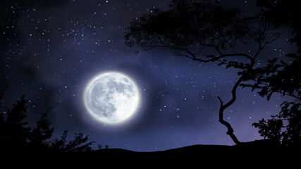 Wall Mural - trees silhouette on front night starry sky and moon dramatic panorama nature weather forecast