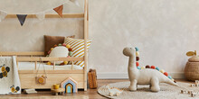 Stylish Composition Of Cozy Scandinavian Child's Room Interior With Wooden Bed, Pillows, Plush Dinosaur, Wooden Toys And Textile Decorations. Neutral Wall, Carpet On The Floor. Copy Space. Template.