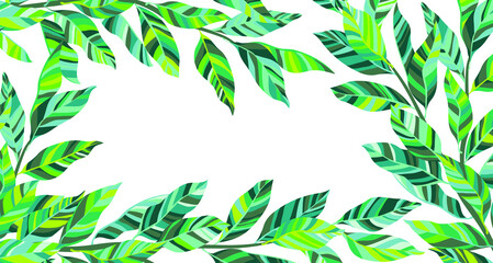 stylized tree branch frame with green leaves summer vector illustration. abstract botany tree branch