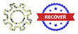 Military camouflage combination of contour gear icon, and bicolor rubber Recover seal stamp. Vector seal with Recover caption inside red ribbon and blue rosette, unclean bicolored style.