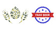 Military camouflage mosaic of barley beer icon, and bicolor unclean Fake Beer seal stamp. Vector seal with Fake Beer caption inside red ribbon and blue rosette, corroded bicolored style.
