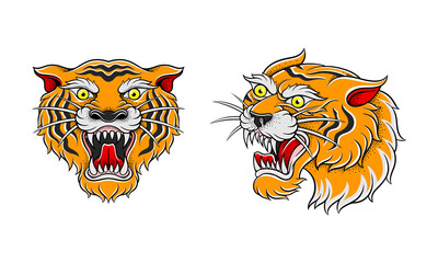 old tattooing school designs set. roaring tiger head tattoos at traditional vintage style vector ill