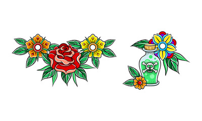 Old tattooing school designs set. Tattoos at traditional vintage style vector illustration