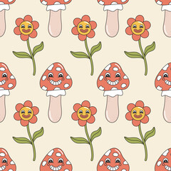 Poster - Seamless vector pattern with cartoon mushroom and flower. Retro style smiling characters. Vintage groovy background for design and print