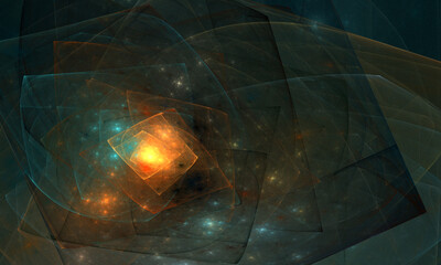 Wall Mural - Stylish mesmerizing fictional art showing cosmic lights and galactic glowworms in digital 3d illustration. Far deep space galaxies, solar core, nebulas, starry clusters of multilayered infinity.